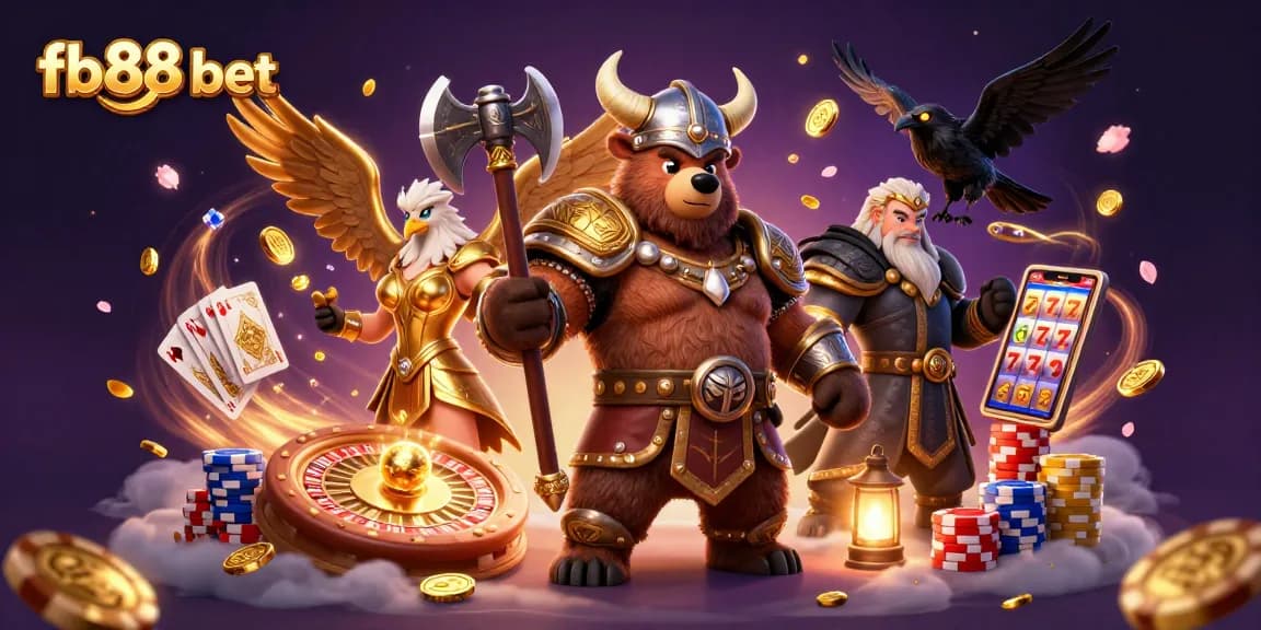 Experience thrilling gameplay with fb88 bet's Viking bear and Valkyrie's dynamic casino scene.