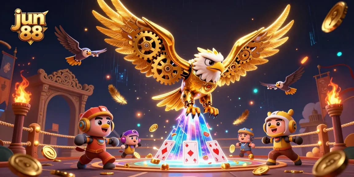 Experience the thrill of jun 88 casino gaming with a dynamic scene of a golden eagle soaring through digital cards and gaming elements.