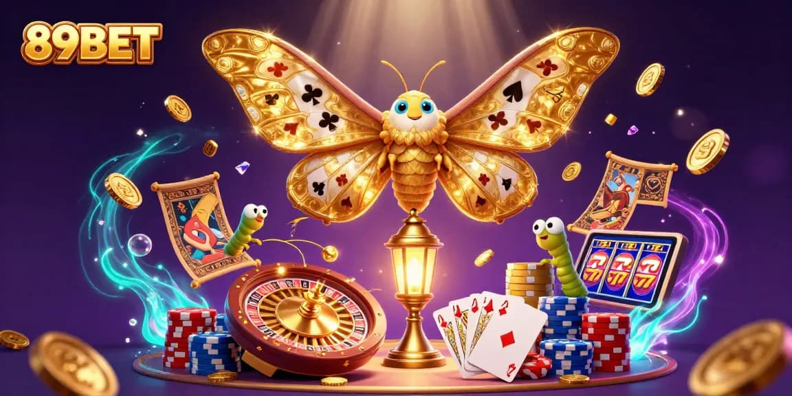 Engage with 89BET's vibrant casino atmosphere featuring a colorful 3D scene with iconic gambling elements.