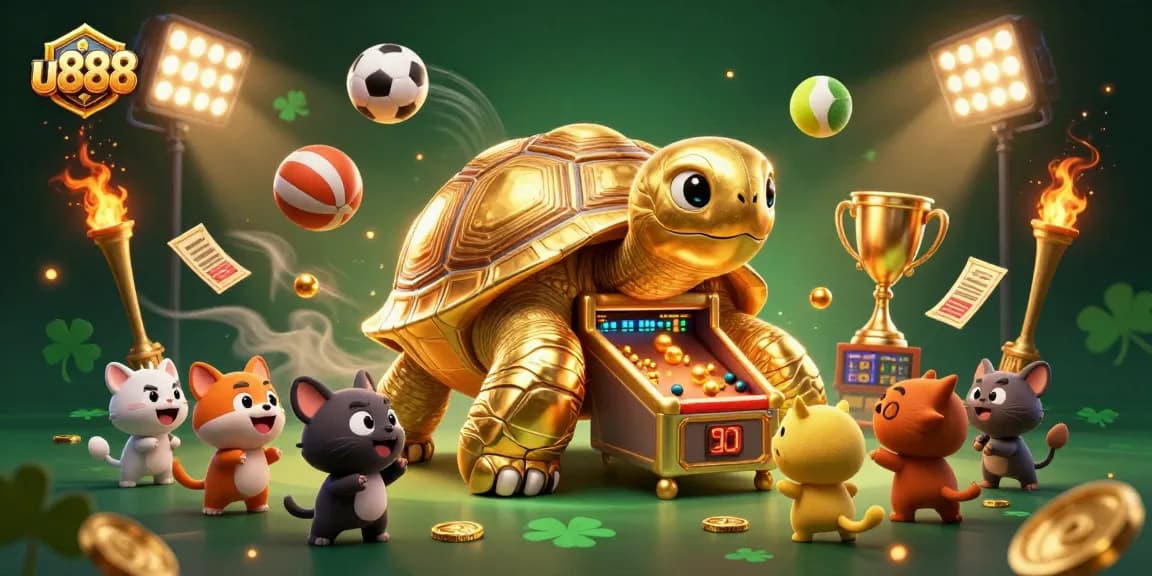 Play thrilling games at u888 with a golden tortoise pinball machine and exciting sports elements.