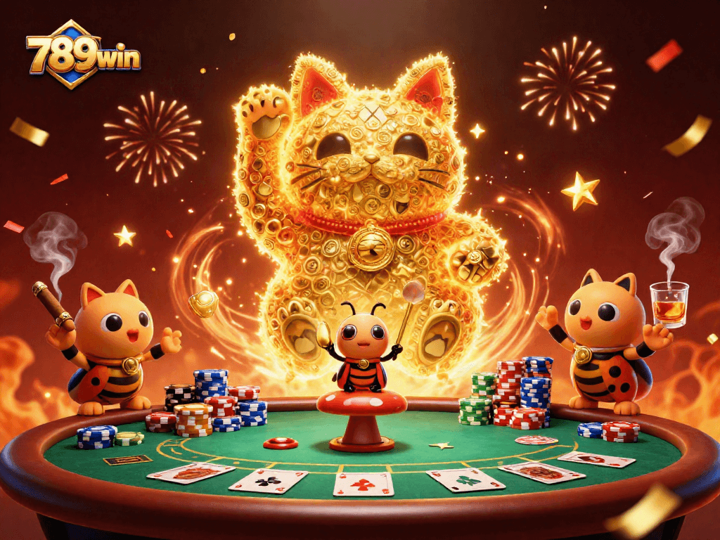Engage with thrilling poker action at 789win featuring a lively gaming scene of a lucky cat and vibrant chips.