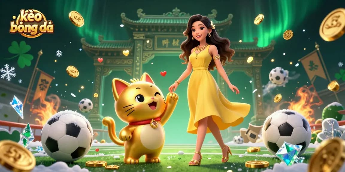 Engage in kèo bóng đá excitement with a beautiful woman and a golden cat mascot in a vibrant scene.