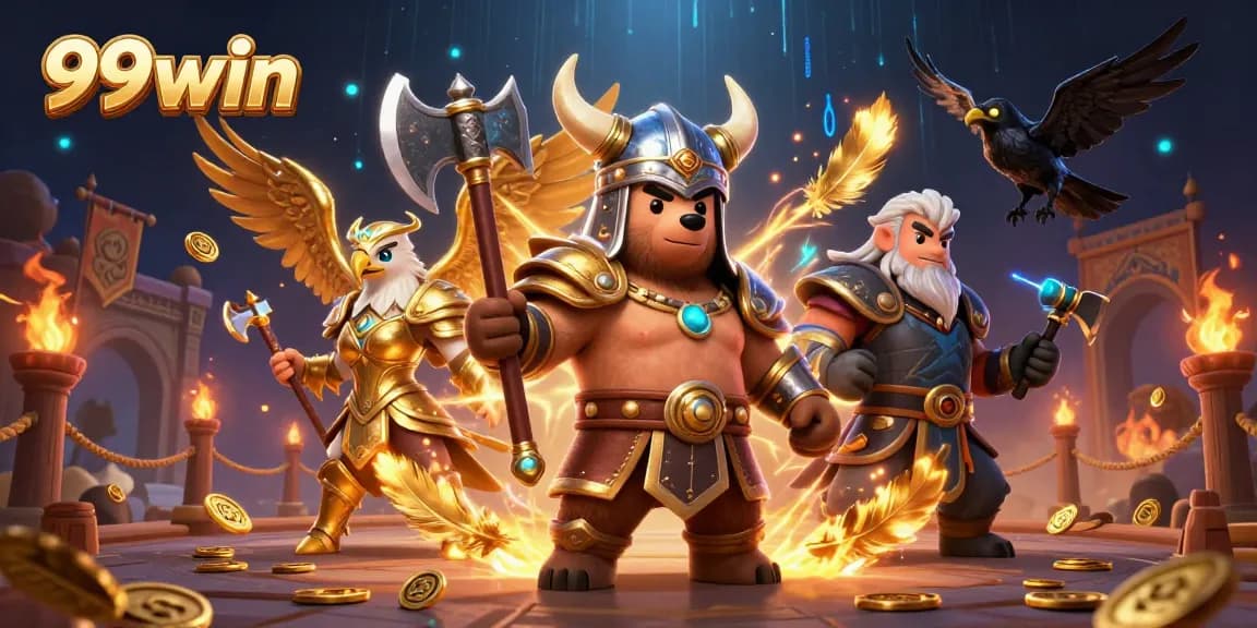 Engage with 99win in an epic recruitment scene of cartoon Vikings and eagles in a vibrant casino.