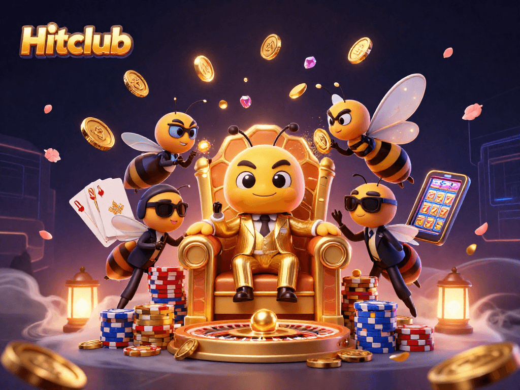 Experience Hitclub's vibrant casino action with a bumblebee mob boss surrounded by cards and coins.