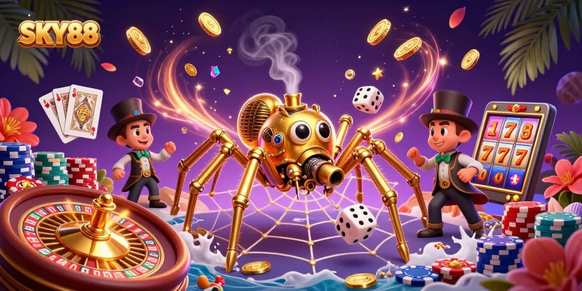 Engage with SKY88's exciting gaming world, featuring a vibrant casino scene with golden spider charm.
