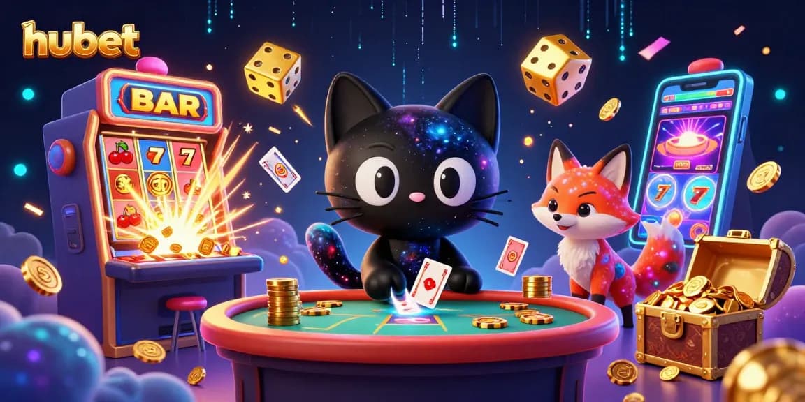 Experience exciting gaming with hubet in a colorful cosmic casino illustration filled with jackpots.