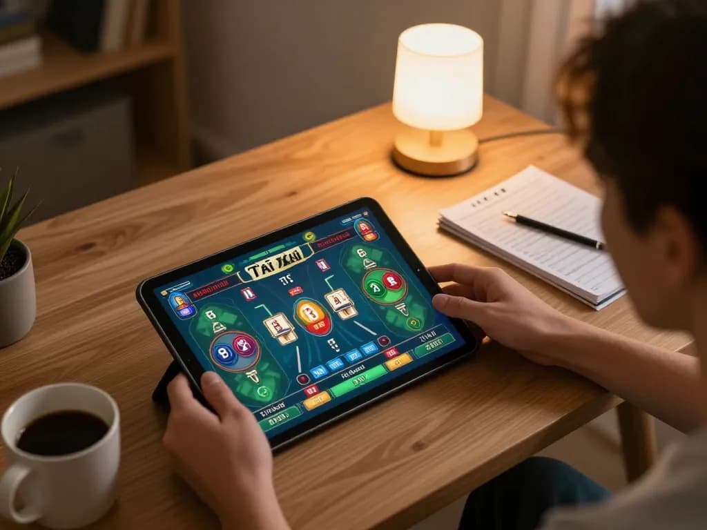 Engaged player using taixiuonlinego app on tablet in cozy home setting
