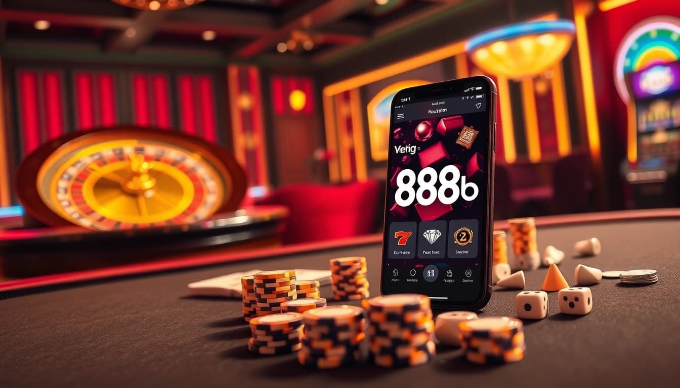 Experience the excitement of 888b with a luxurious poker table surrounded by dynamic casino elements.