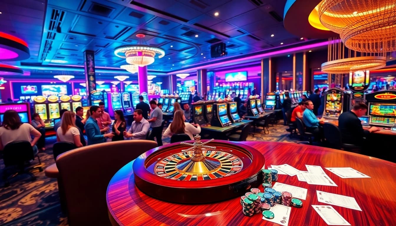 Engaging scene of gamblers enjoying a vibrant game floor at nhà cái ee 88.