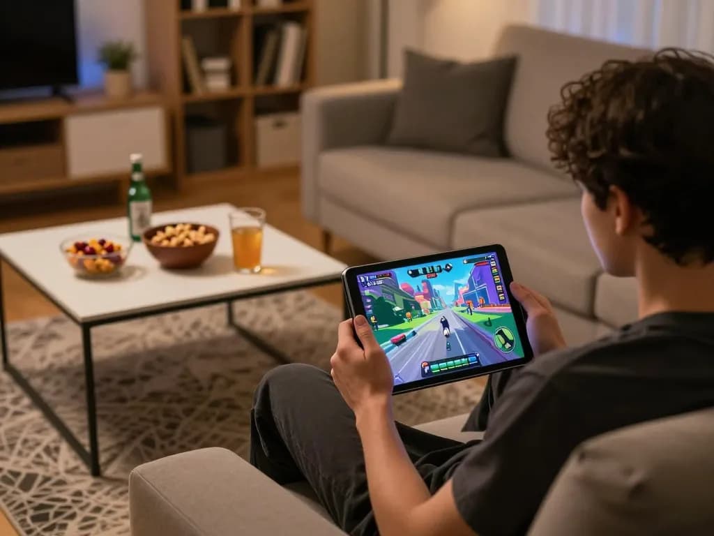 Play engaging DW8 online casino game on a tablet while enjoying a cozy home setting