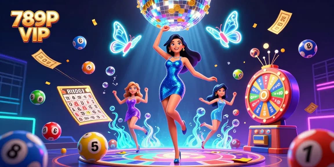 Experience the excitement of 789P VIP with a dynamic casino scene featuring vibrant lottery elements and a glamorous dancer.
