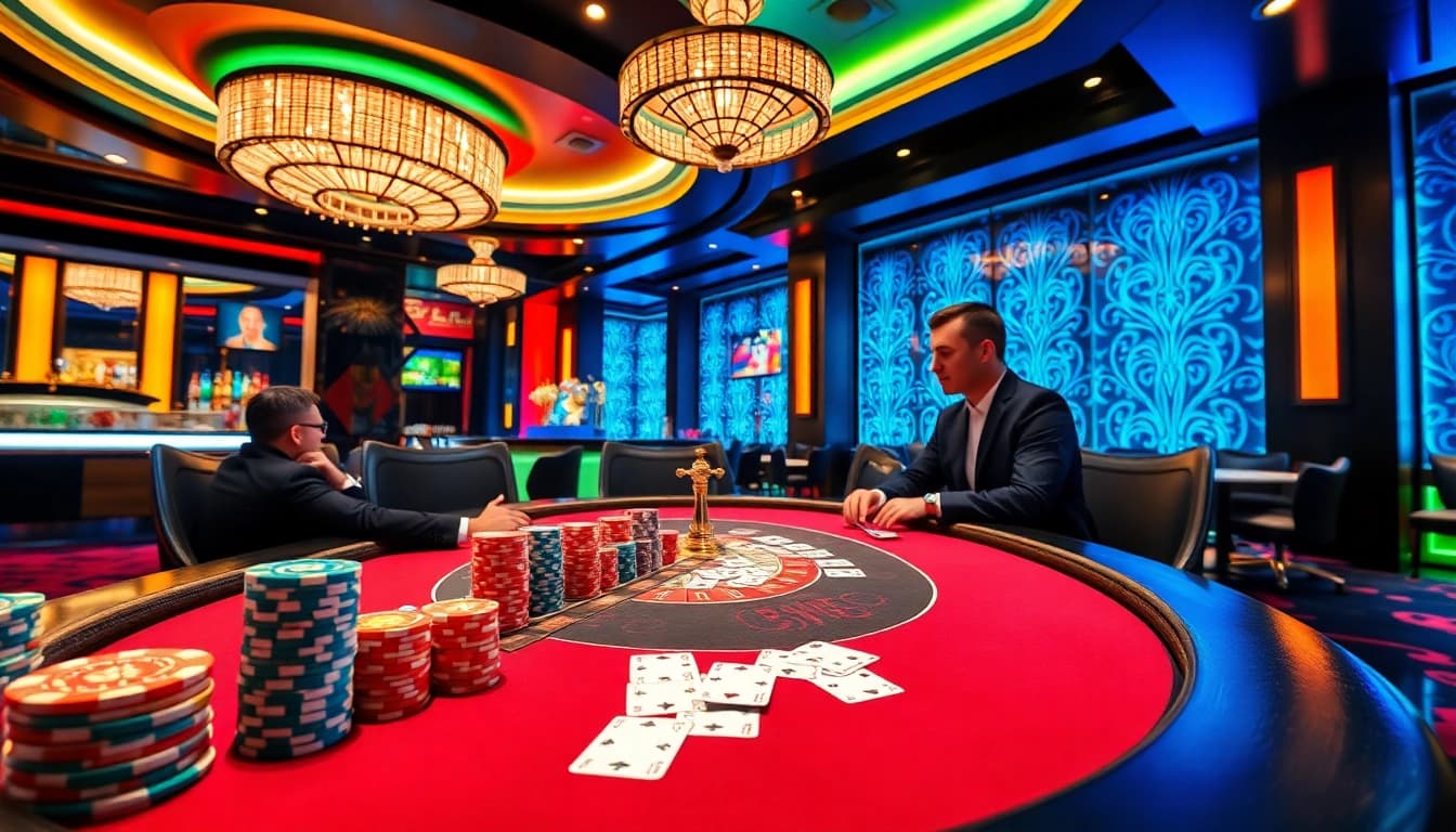 A vibrant casino scene with a poker game highlighting 8kbet1's luxury and excitement.