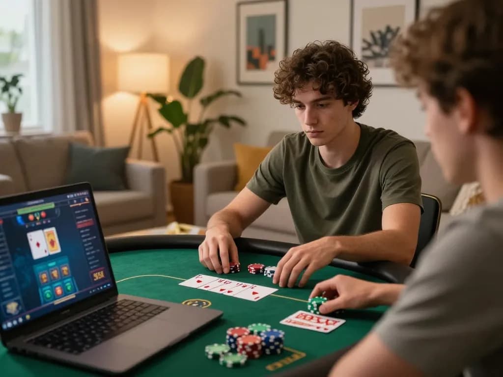 Engaging online poker gameplay with 789Club in a cozy home setting, showcasing strategy and comfort