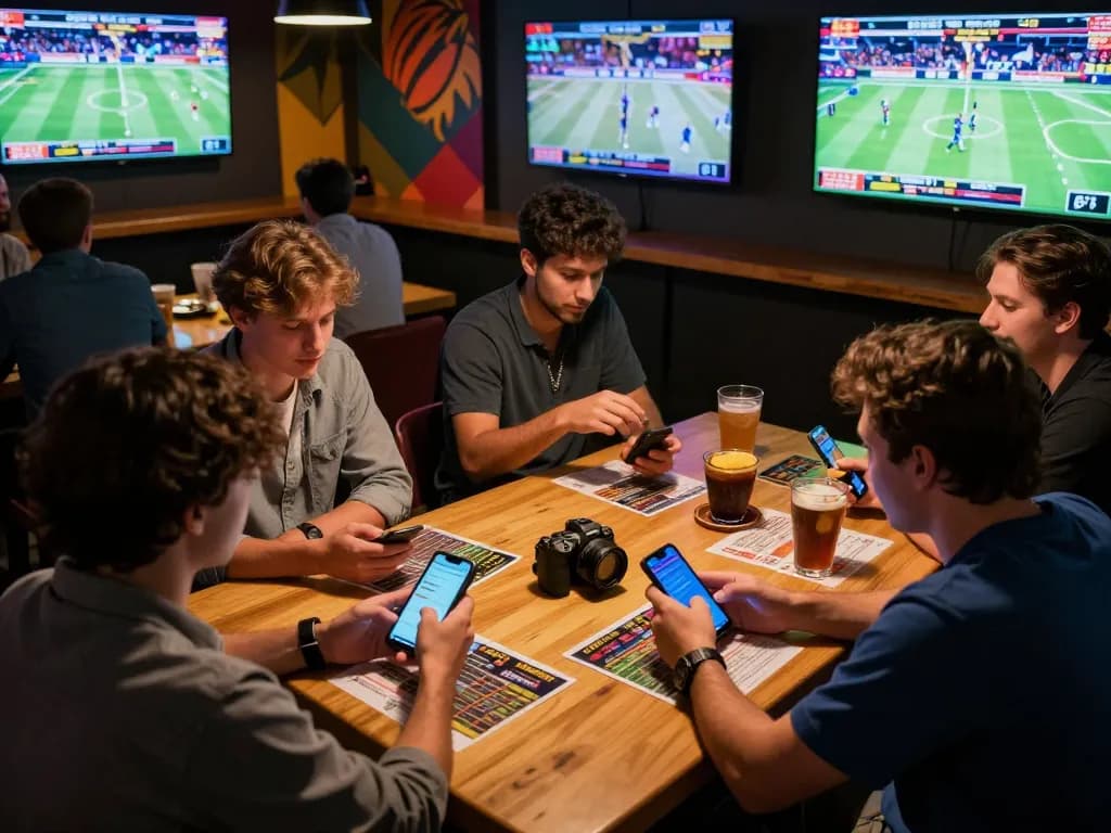DABET players engaging in dynamic sports betting at a lively venue with multiple screens.