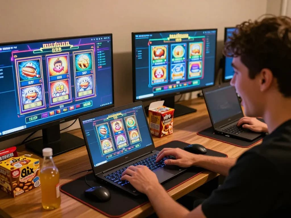 Player enjoying uu88 slots on a laptop with colorful display and cozy atmosphere