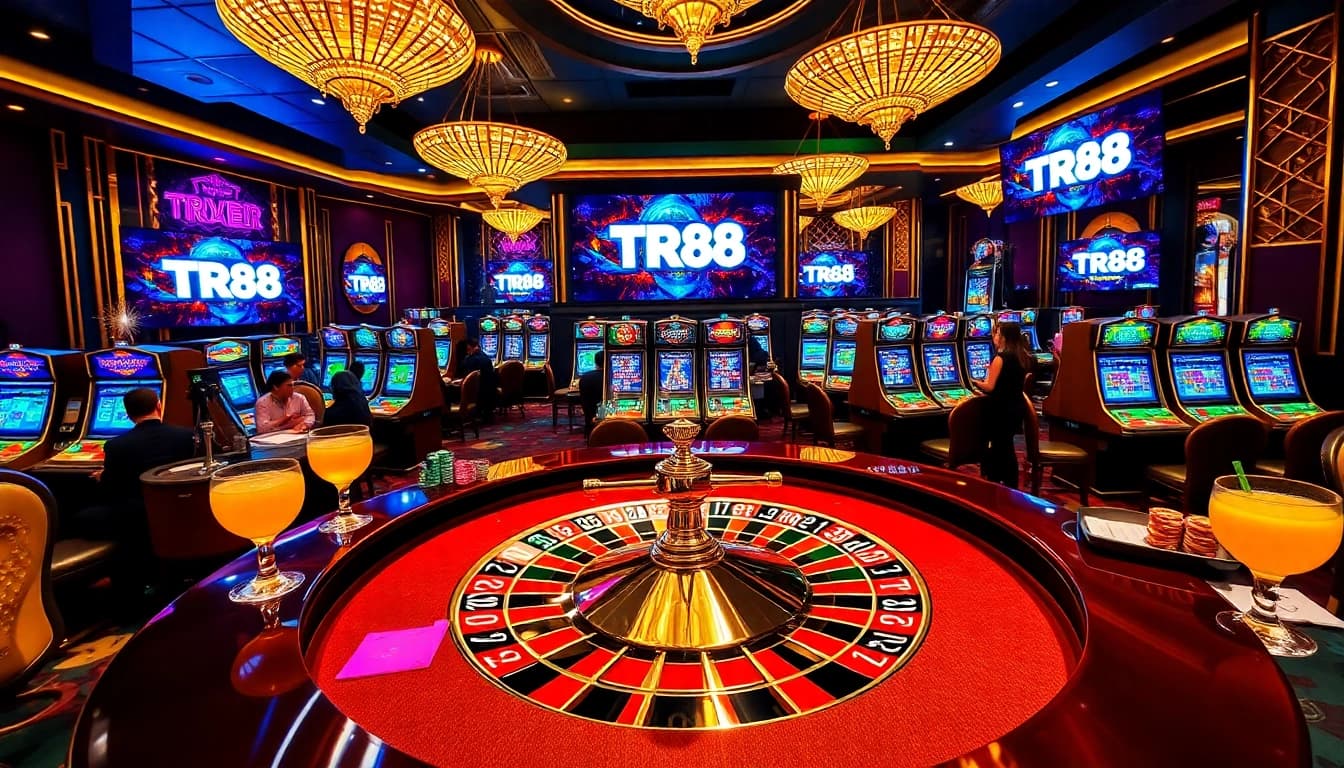 Experience the excitement of gambling at TR88 with a vibrant casino scene showcasing roulette and slot machines.