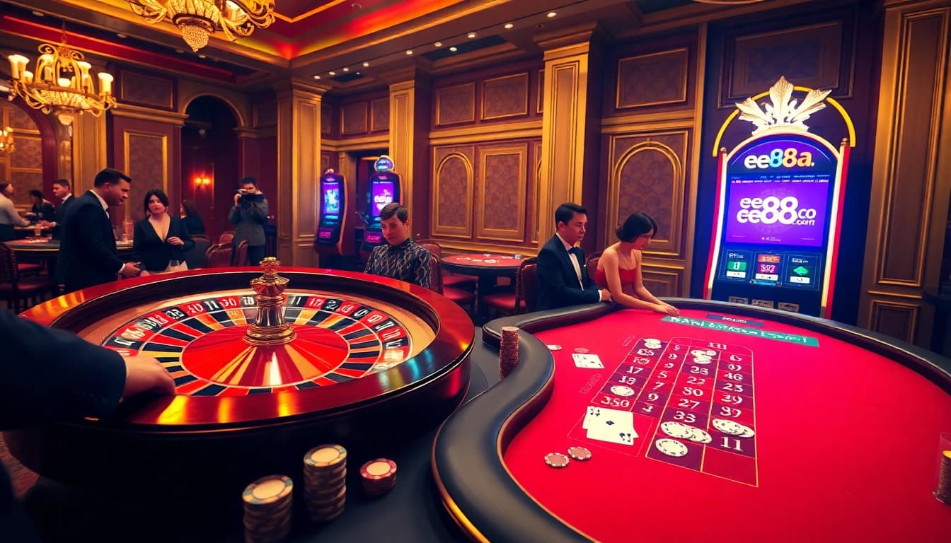 Experience thrilling gambling action at ee88a.co.com with an exciting casino scene featuring roulette and blackjack.
