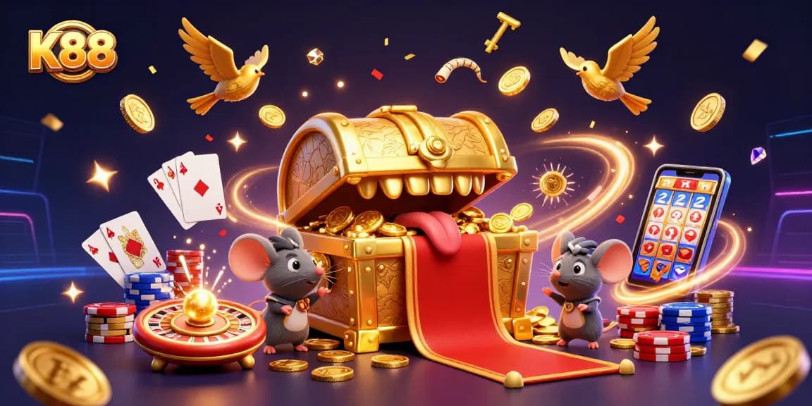 K88 offers thrilling casino experiences with golden treasures, roulette, poker chips, and exciting game elements.