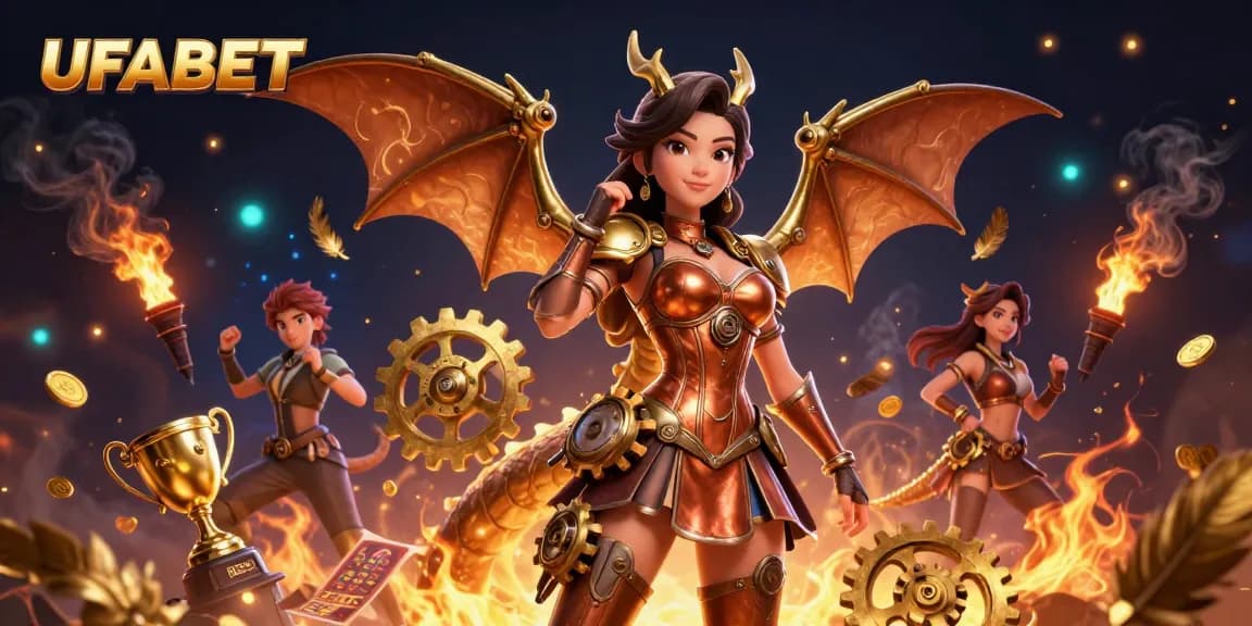 Bet on UFABET with exciting gaming elements, showcasing a stunning illustration of a steampunk woman and a dragon.