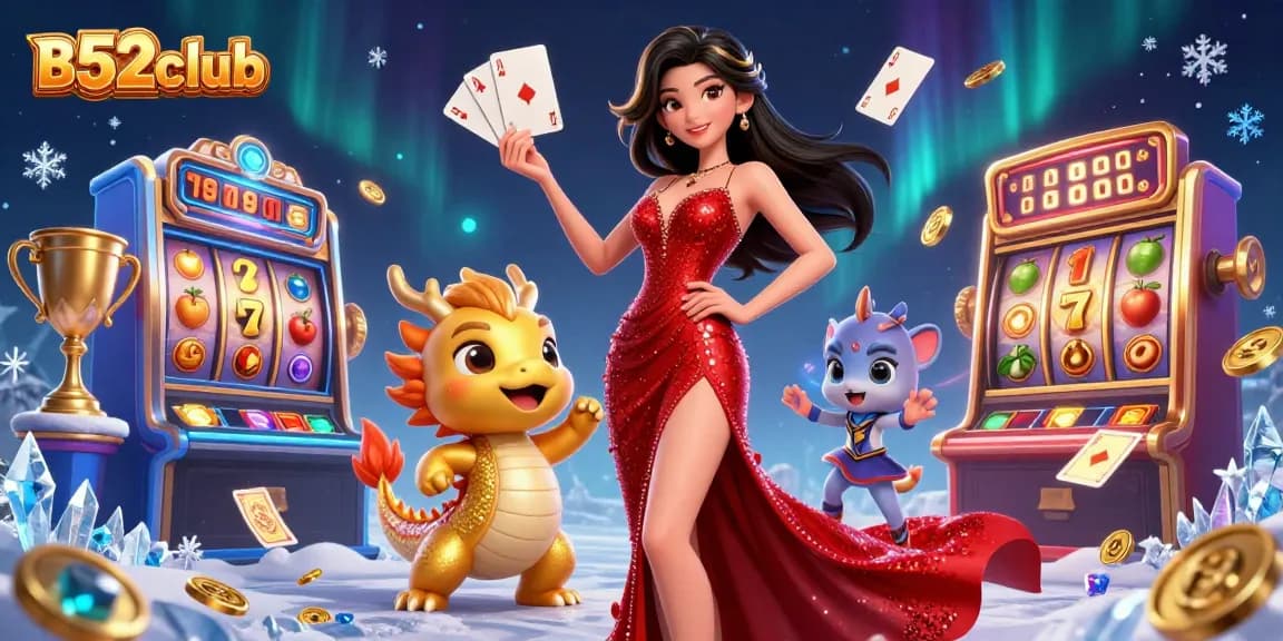 B52club offers engaging slot games featuring a stunning scene with a confident woman and golden dragon.