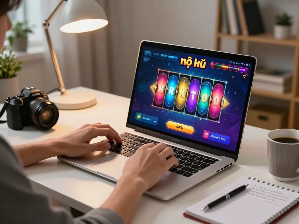 Enjoying nổ hũ gaming experience on a laptop in a cozy home office.