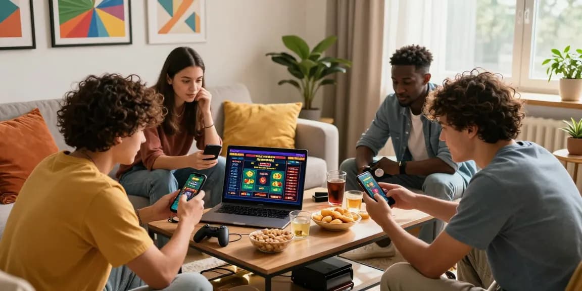 Friends enjoying credit card casinos online in a cozy living room setting.