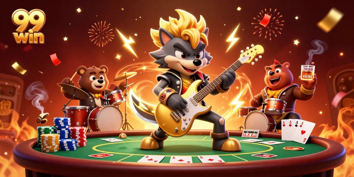 Engage in the thrilling world of 99 win with a rockstar wolf at a vibrant casino scene.