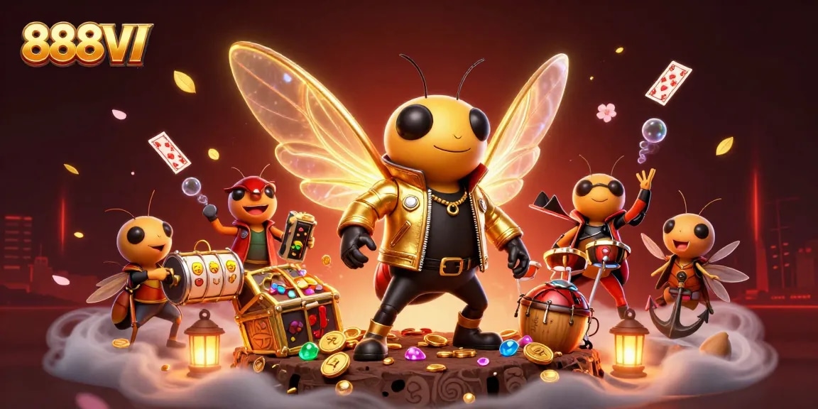 Engage with 888VI's vibrant scene featuring a cicada rock star and exciting casino elements.