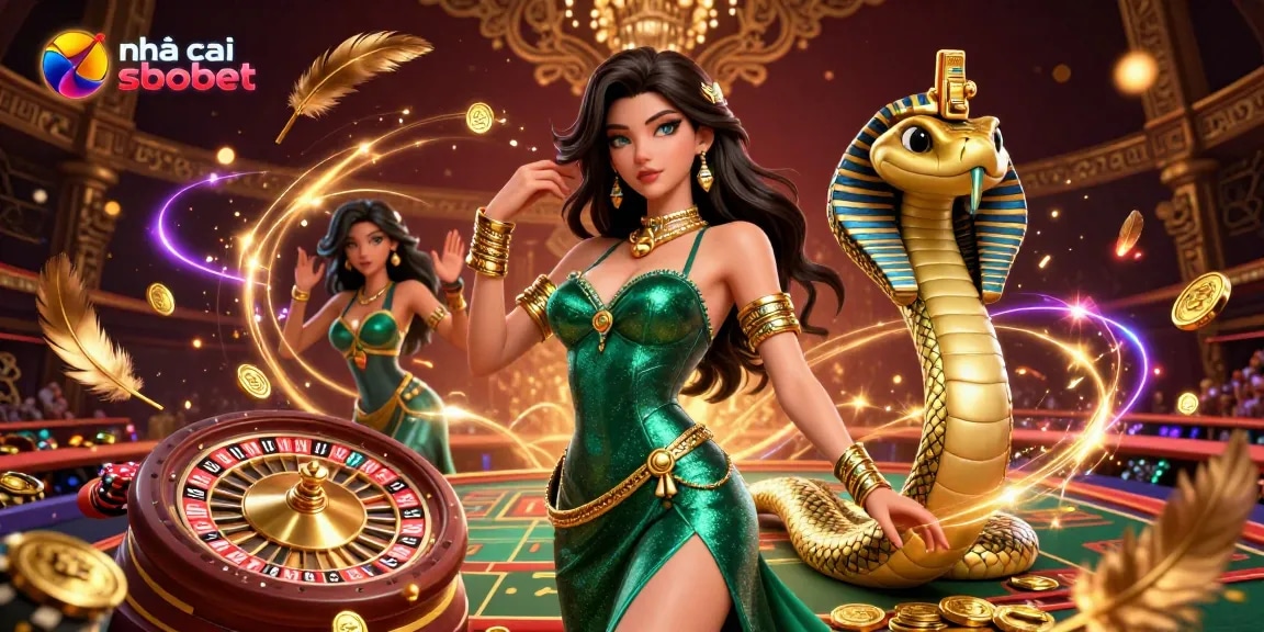 Engage in thrilling sports betting with nhà cái sbobet featuring emerald-clad woman and golden cobra in action.