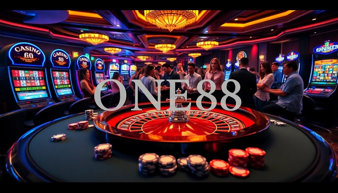 ONE88 casino players enjoying a vibrant atmosphere at a poker table with chips and cards.