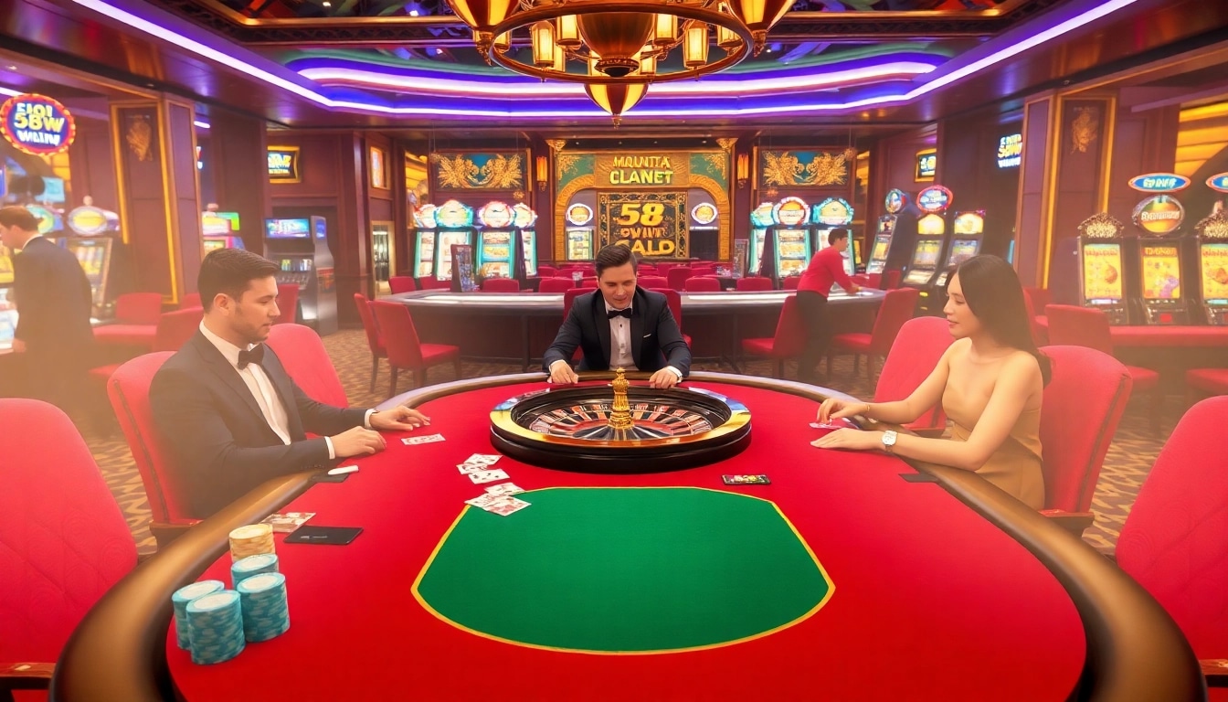 Players enjoying a high-stakes poker game at 58WIN casino with luxurious decor and vibrant atmosphere.