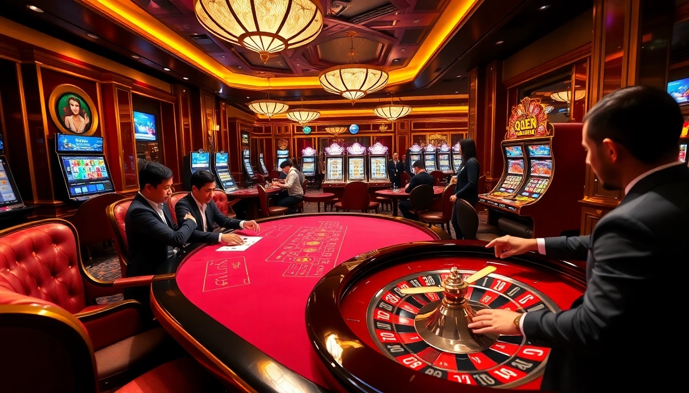 Players enjoying intense action at QQ88 casino tables with vibrant ambiance.