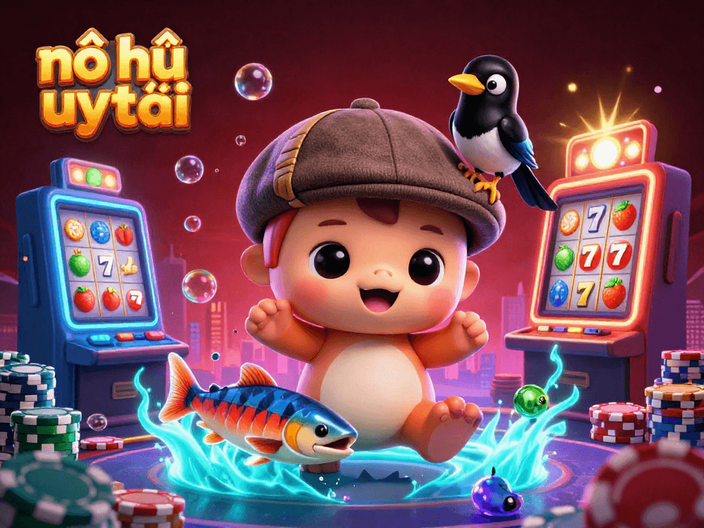 Engage in exciting moments of nổ hũ uy tín with playful Nessie and vibrant slot reels in a dynamic casino scene.