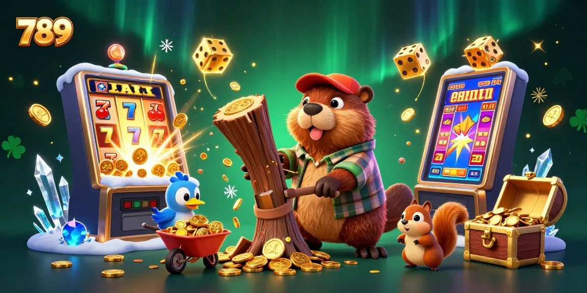 Playing at 789 casino, a beaver collects golden coins while a squirrel stacks riches in a vibrant 3D environment.