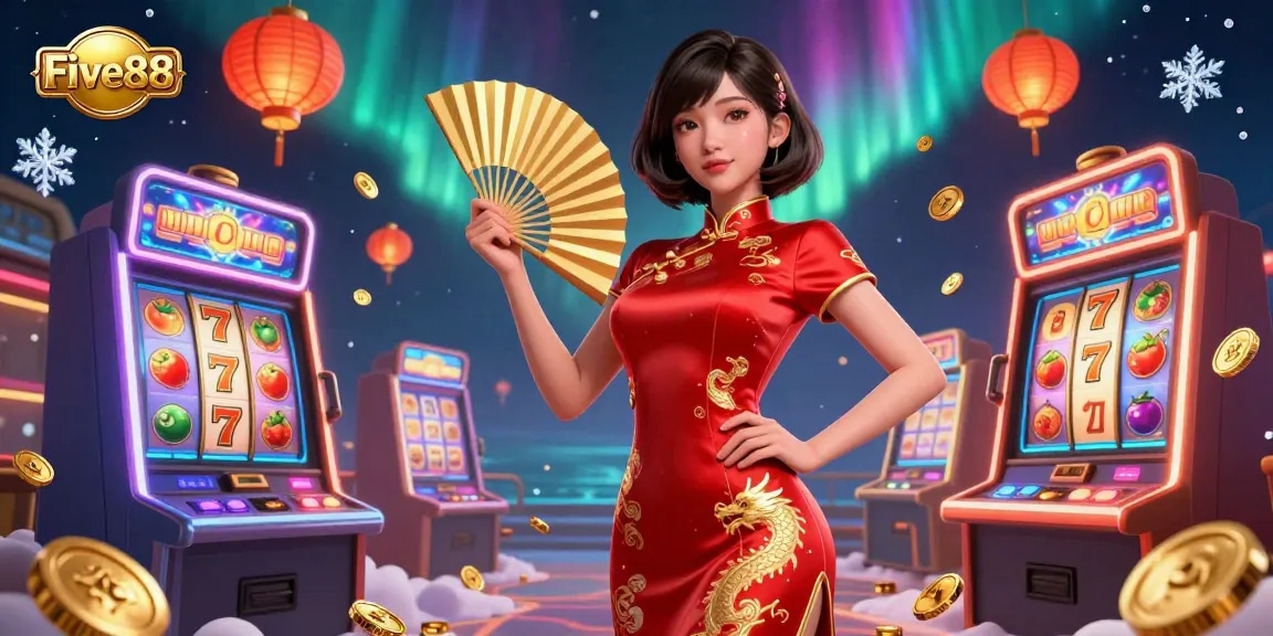 Experience the vibrant energy of Five88 with a stunning 3D illustration showcasing casino games, coins, and stunning visuals.