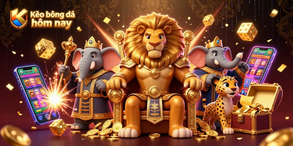 Kèo bóng đá hôm nay showcasing a fierce lion king in royal armor with immersive sports betting elements