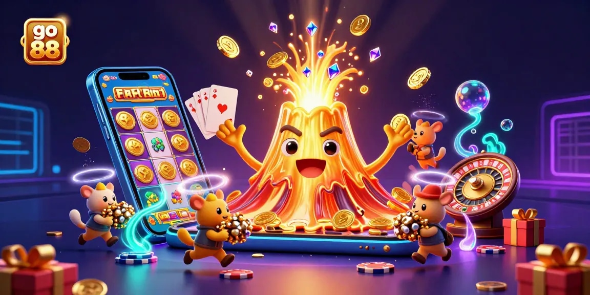 Experience go 88's thrilling casino adventure with a golden volcano erupting coins alongside animated characters.