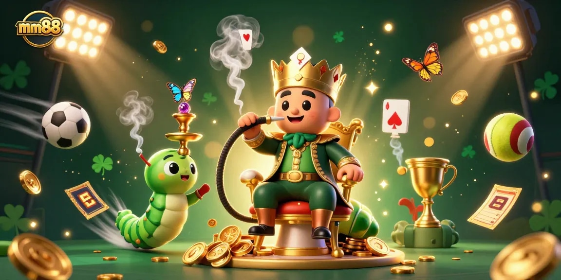 Engage with mm88's vibrant casino scene featuring dynamic sports balls, a lavish caterpillar character, and sparkling elements.