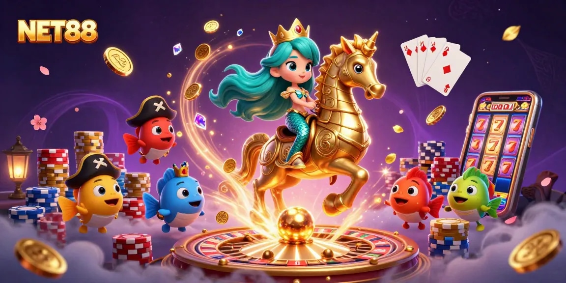 Engage with NET88's exciting gaming world featuring a colorful 3D mermaid and seahorse amidst casino treasures.