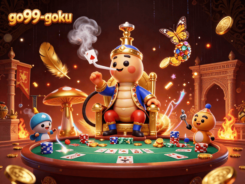 Experience excitement at go99-goku with poker symbols emerging from smoke rings in a vibrant casino scene.