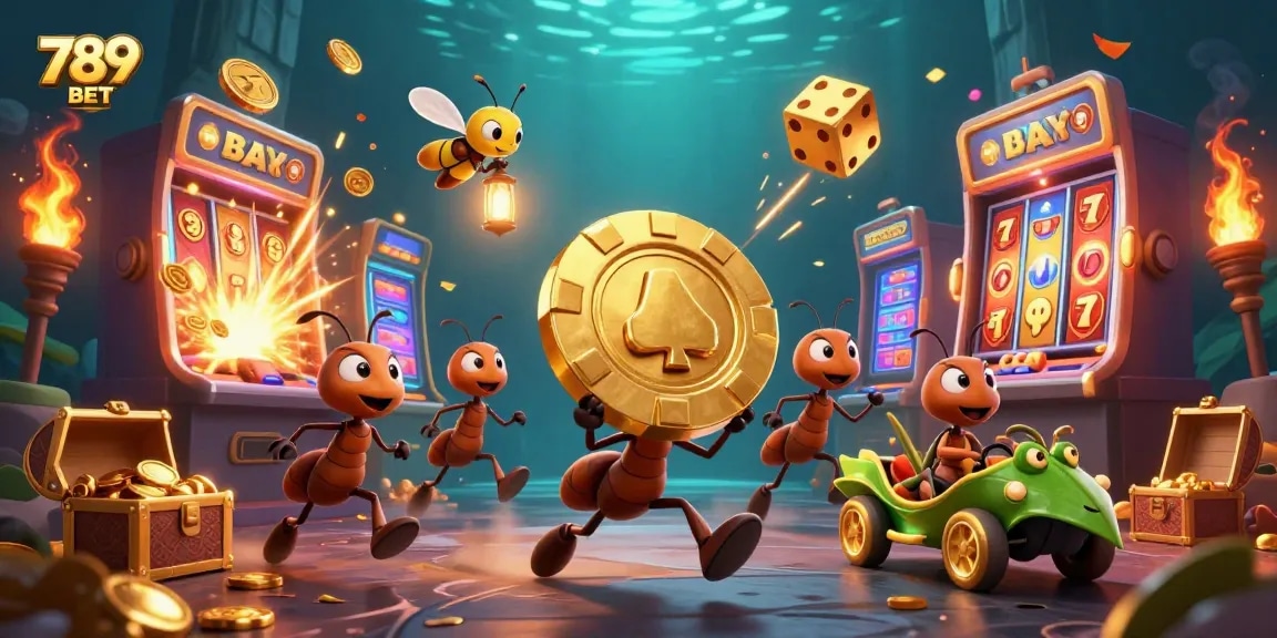 Experience the excitement of 789 BET with a dynamic heist scene featuring cartoon ants and casino games.
