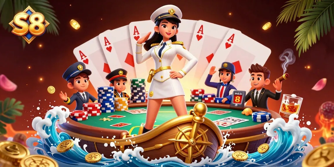 S8 poker game scene featuring an Asian woman in a naval uniform commanding a gold ship bow