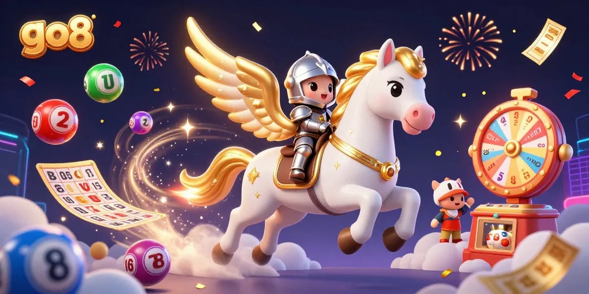 Engage with go8's thrilling lottery action as a celestial horse and knight gallop through a vibrant gaming scene.