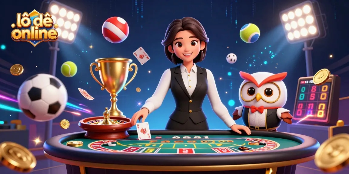 Engage in lô đề online with expert dealers, surrounded by dynamic casino elements and glowing prizes.