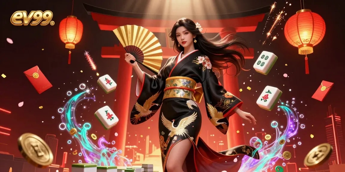 Experience thrilling play at ev99 with an elegant Asian woman in a glowing casino setting.