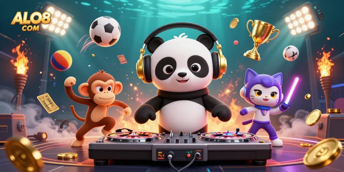 Experience thrilling gaming at ALO8 COM with a vibrant casino scene featuring unique characters.