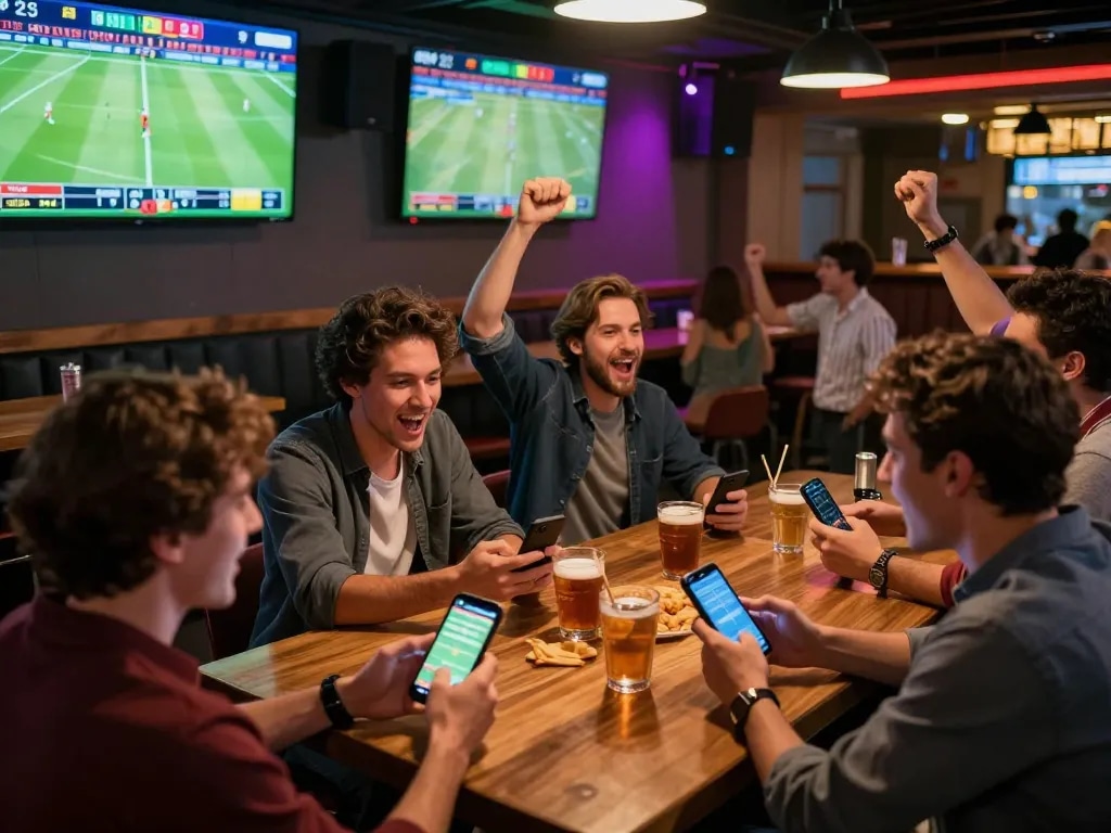 Exciting sports betting scene showcasing friends cheering and placing bets, enhancing their ty-le-keo experience.