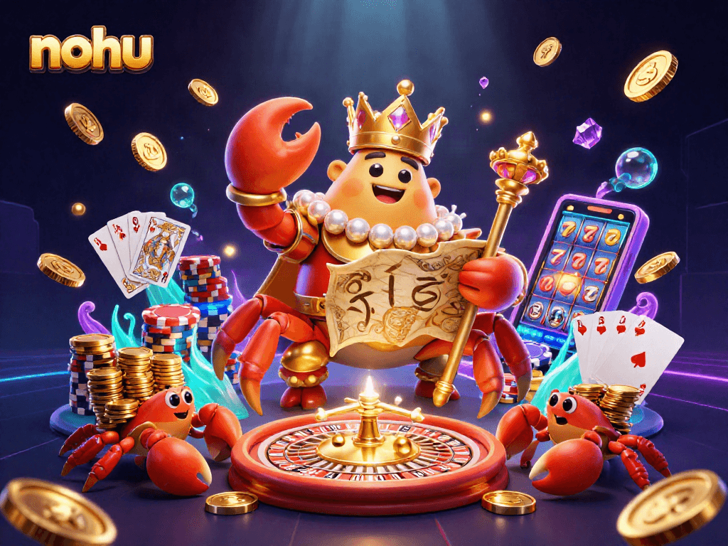 Engage with nohu at the vibrant casino scene showcasing the golden crab emperor amidst dazzling gambling elements.