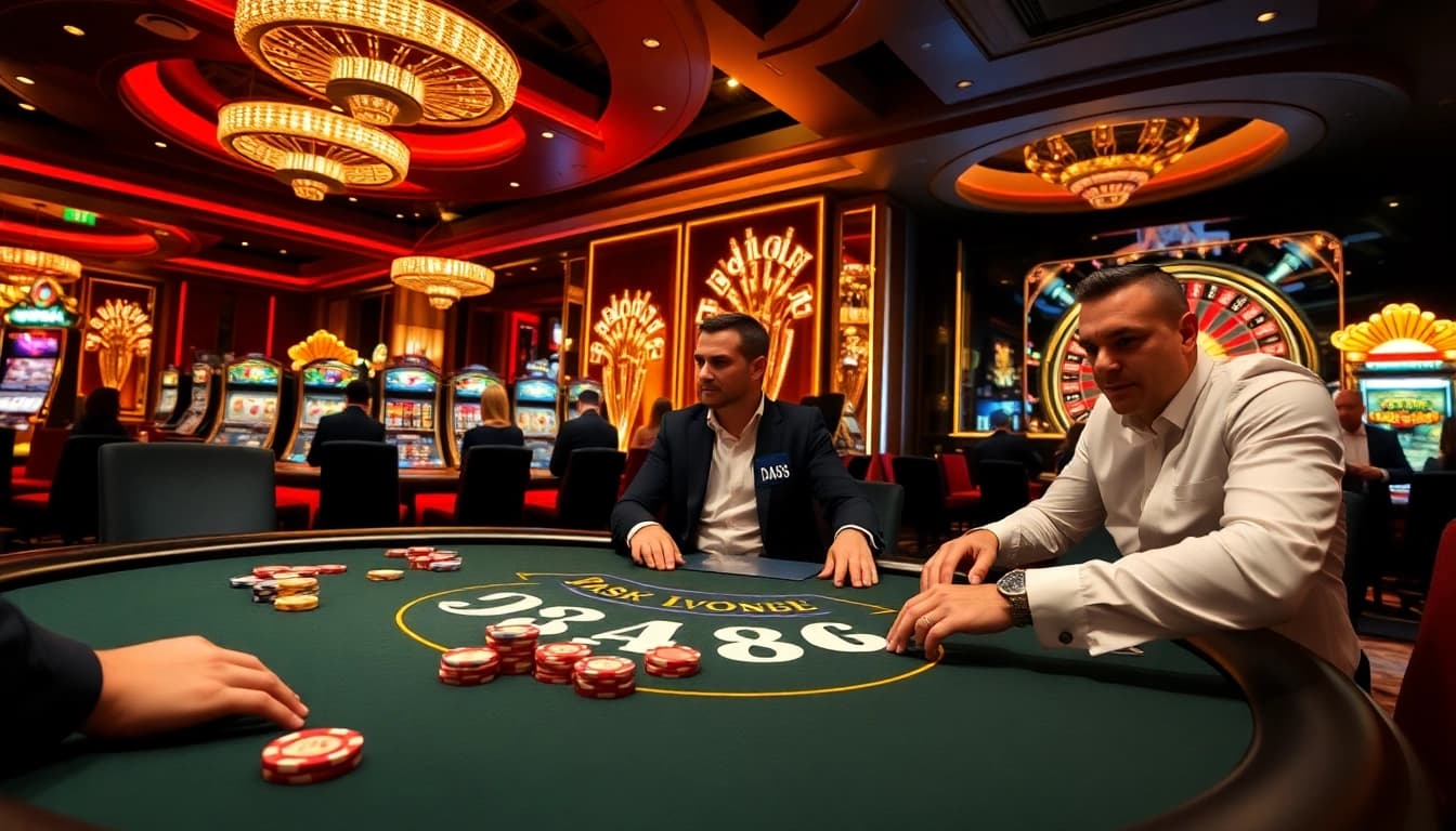 Players enjoying a thrilling blackjack game at DA88 casino, surrounded by vibrant slot machines and roulette wheels.