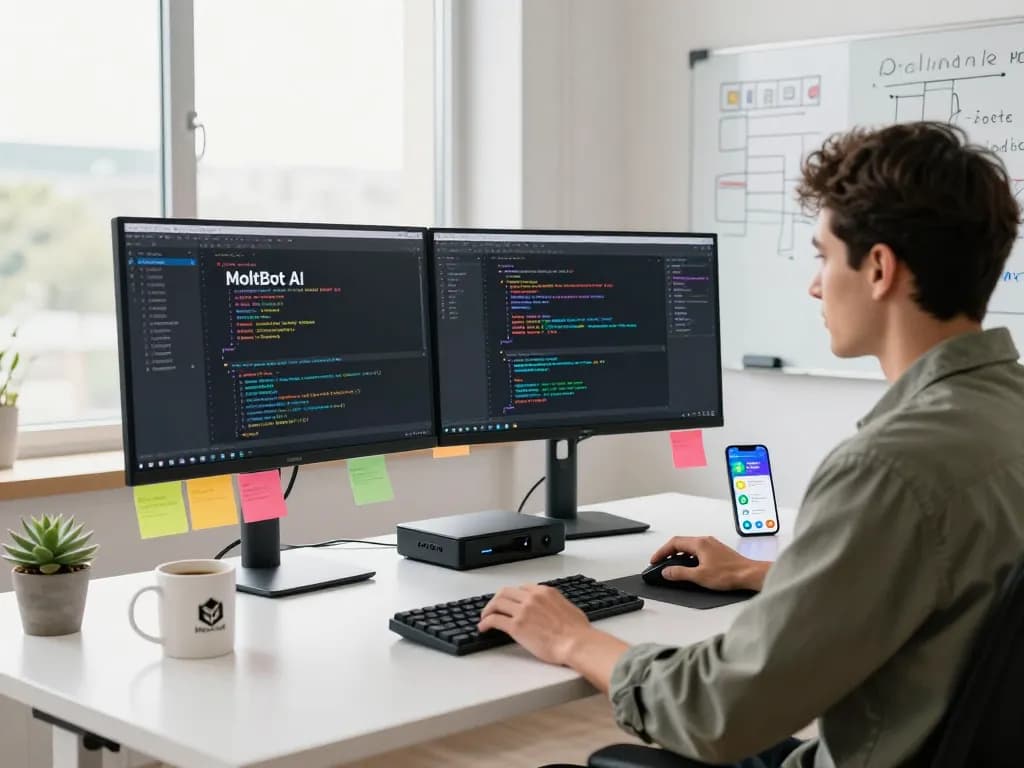 Dynamic developer workspace showcasing the features of Moltbot AI in a tech-driven environment, highlighting coding and automation.